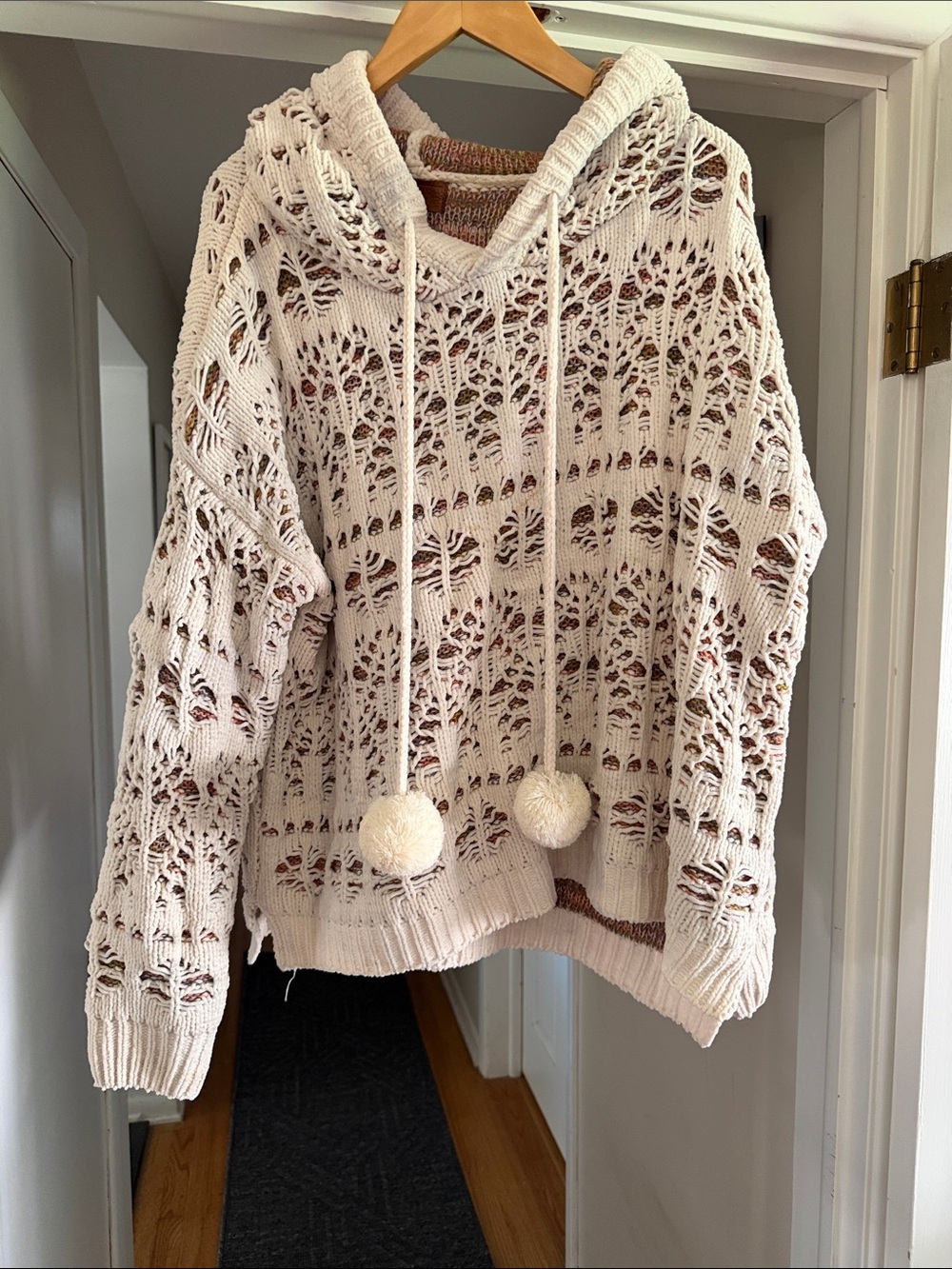 POL Cream Open-Knit Hooded Sweater with Pom Pom Drawstrings